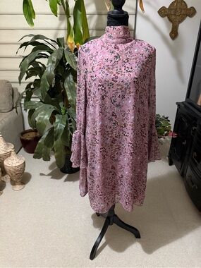 Glamorous Pink Floral High Neck Long Sleeve Swing Dress